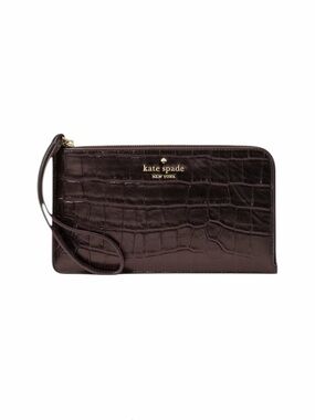 Kate Spade Lucy Croc Embossed Medium L-Zip Wristlet In Hot Fudge NWT